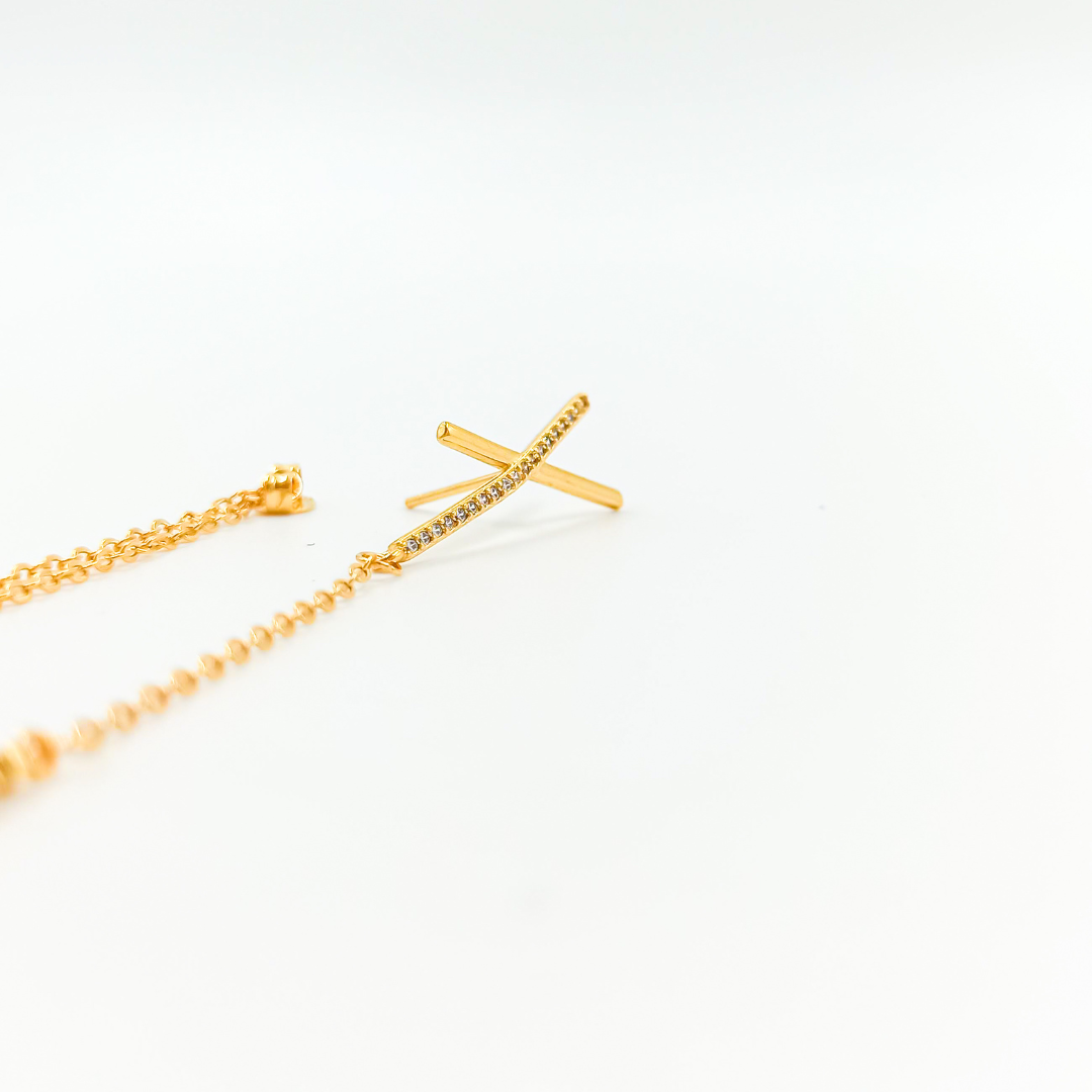 Zirconia Cross Earrings with Dangling Chain Accents