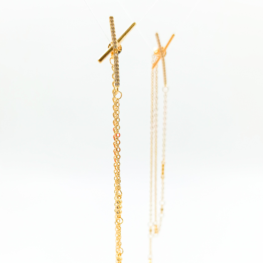 Zirconia Cross Earrings with Dangling Chain Accents